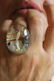 Gem Copper Red Rutilated Crystal Quartz Statement Ring