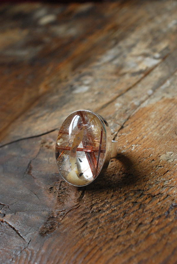 Gem Copper Red Rutilated Crystal Quartz Statement Ring