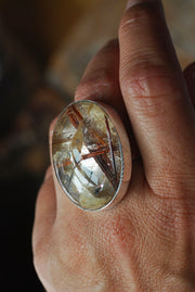 Gem Copper Red Rutilated Crystal Quartz Statement Ring