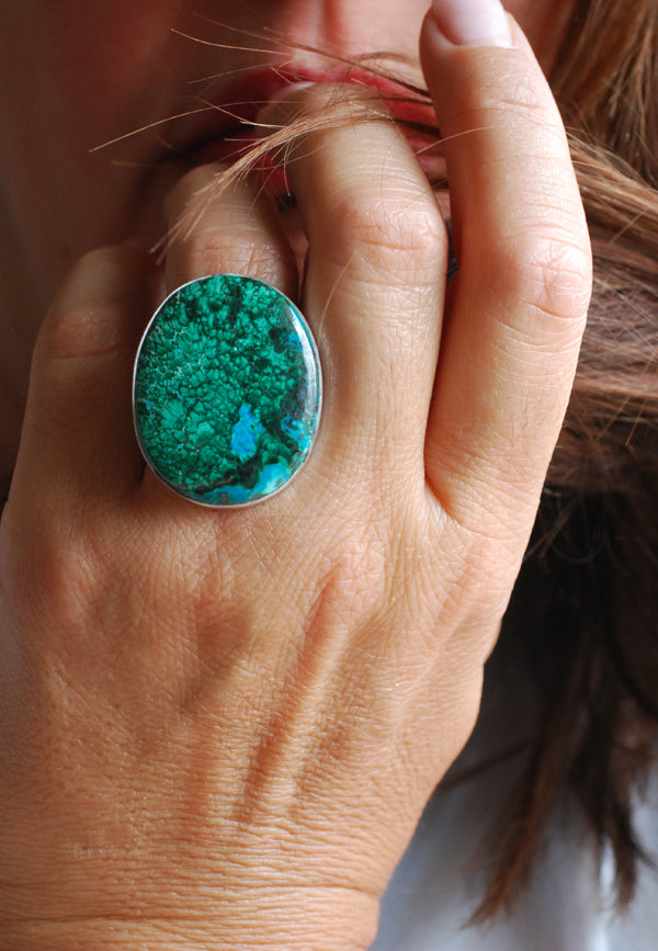 Reef Ring Chrysocolla Malachite Feather Plumes