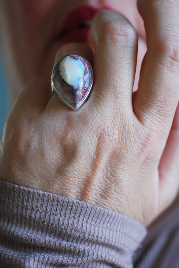 Dollybird Snowy Opal Ring White Fire Opal