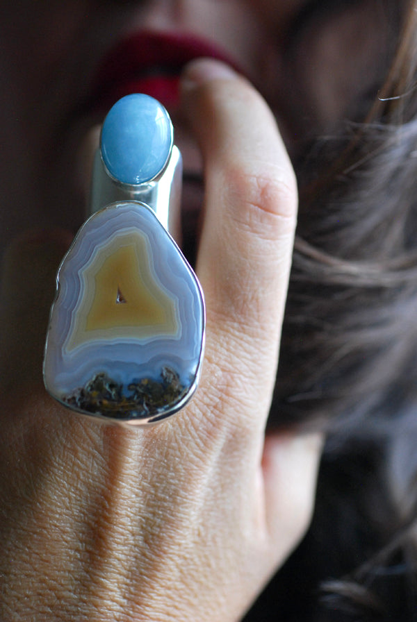 Sunny Beach Ring Collector's Agate And Aquamarine Sz 9