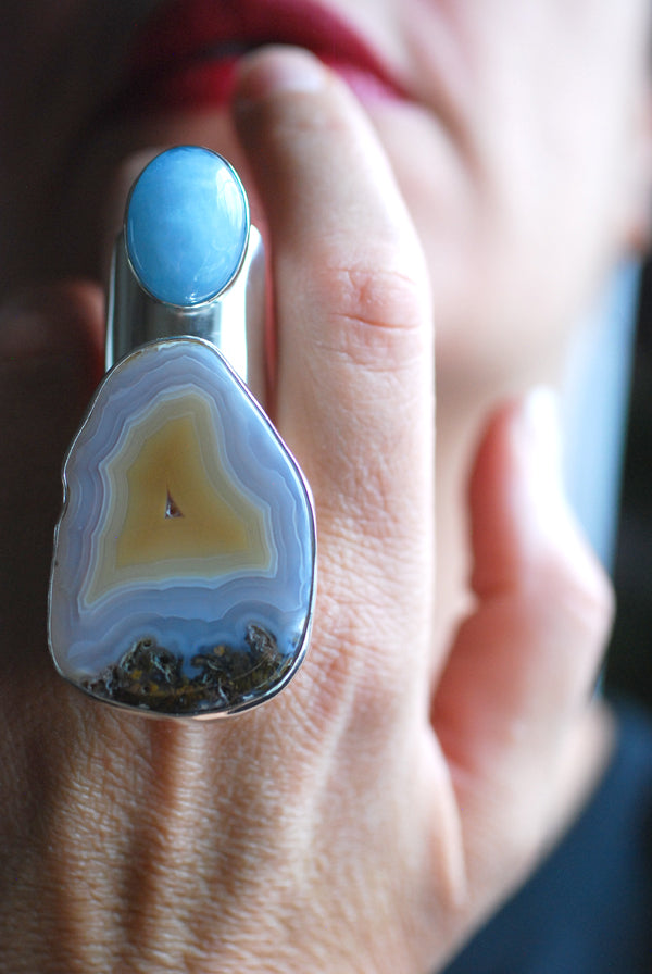 Sunny Beach Ring Collector's Agate And Aquamarine Sz 9