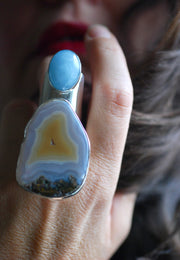 Sunny Beach Ring Collector's Agate And Aquamarine Sz 9