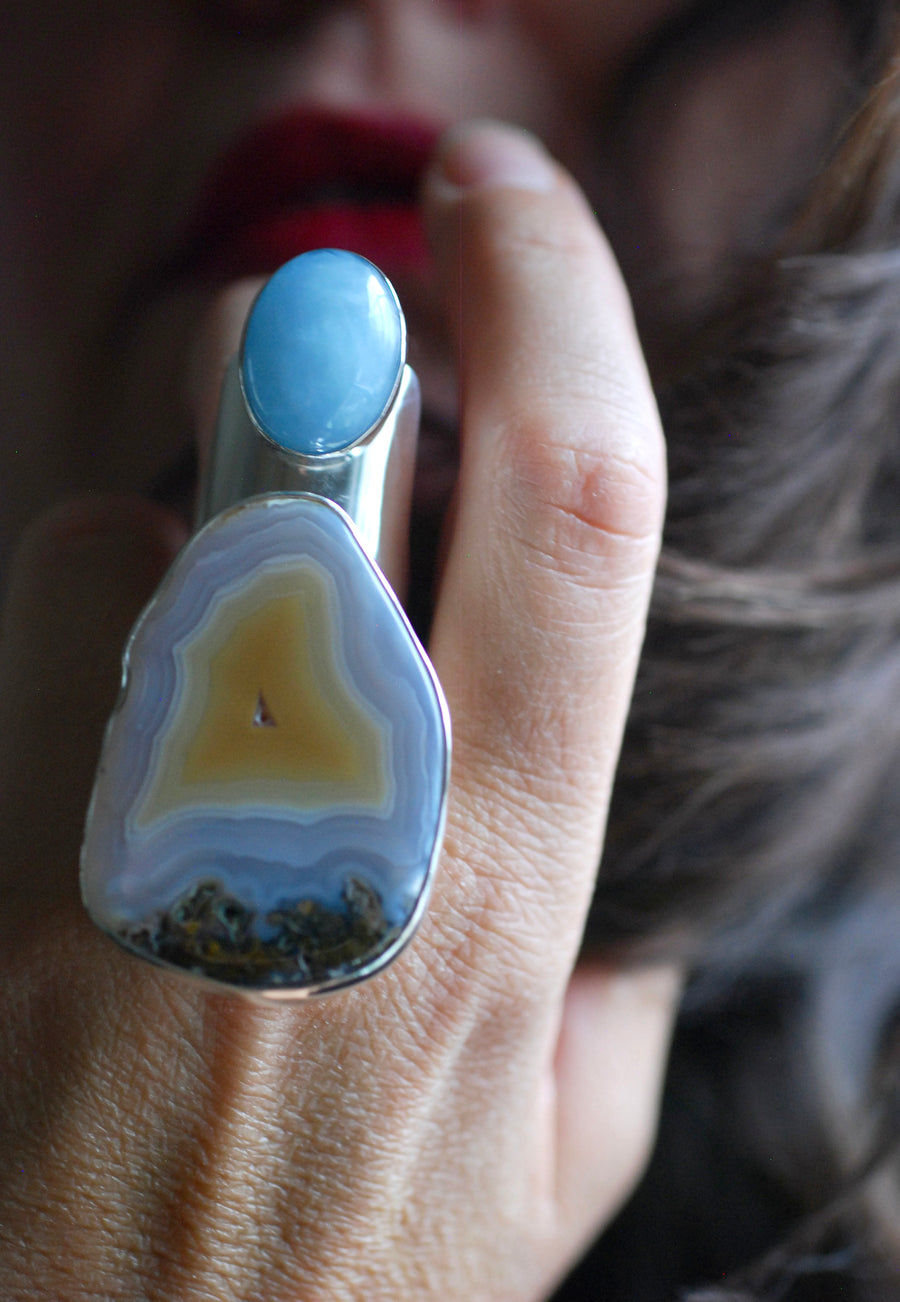 Sunny Beach Ring Collector's Agate And Aquamarine Sz 9