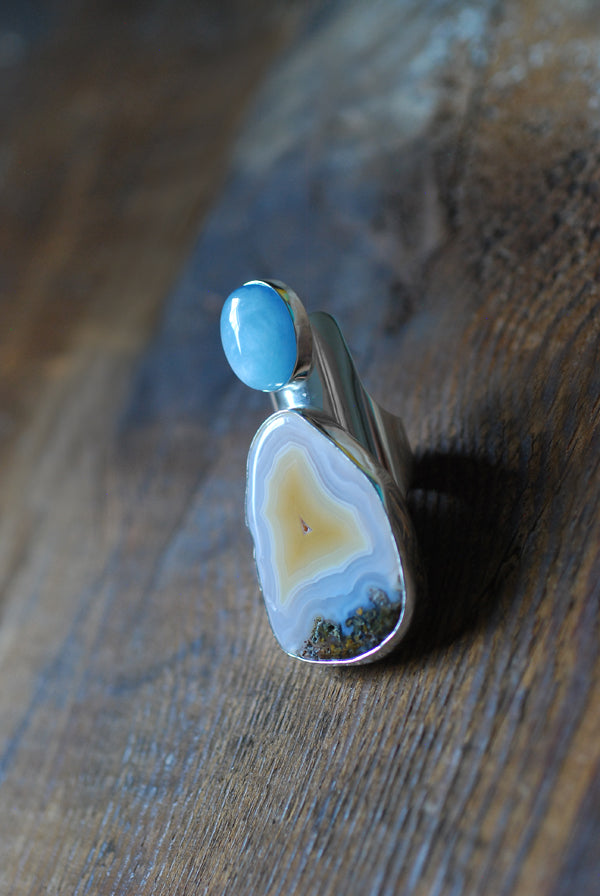 Sunny Beach Ring Collector's Agate And Aquamarine Sz 9