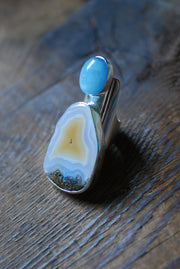 Sunny Beach Ring Collector's Agate And Aquamarine Sz 9