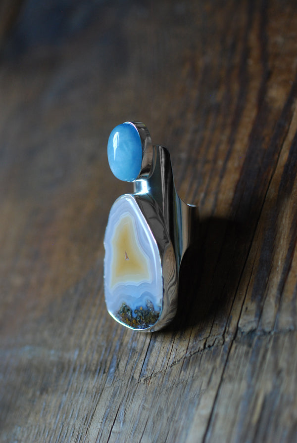 Sunny Beach Ring Collector's Agate And Aquamarine Sz 9