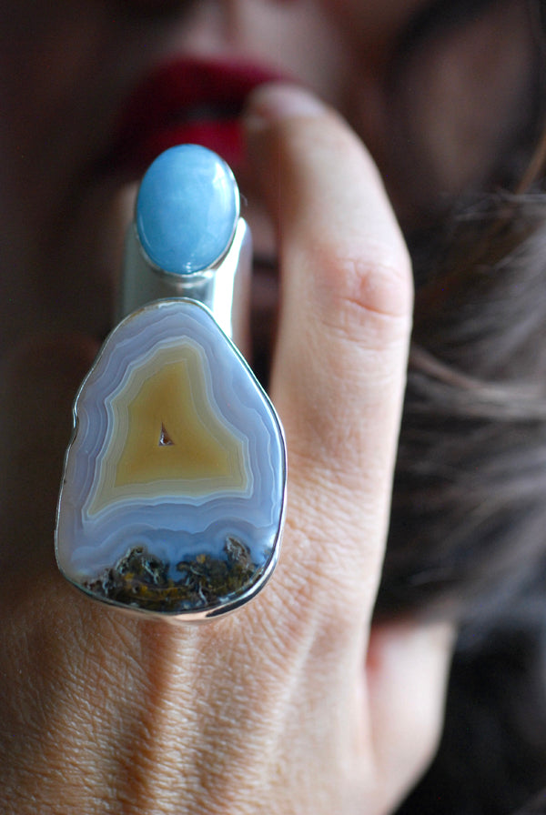 Sunny Beach Ring Collector's Agate And Aquamarine Sz 9