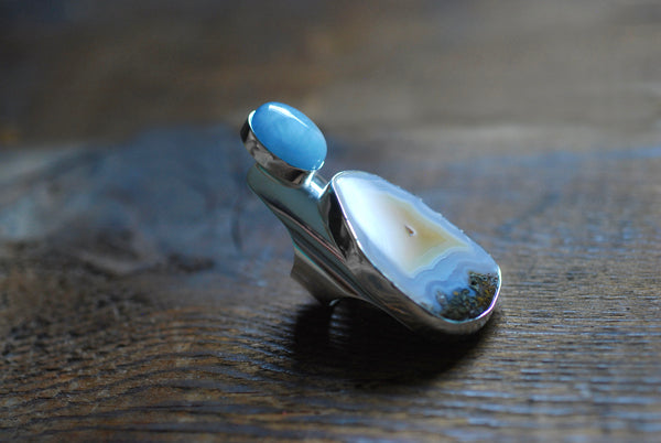Sunny Beach Ring Collector's Agate And Aquamarine Sz 9