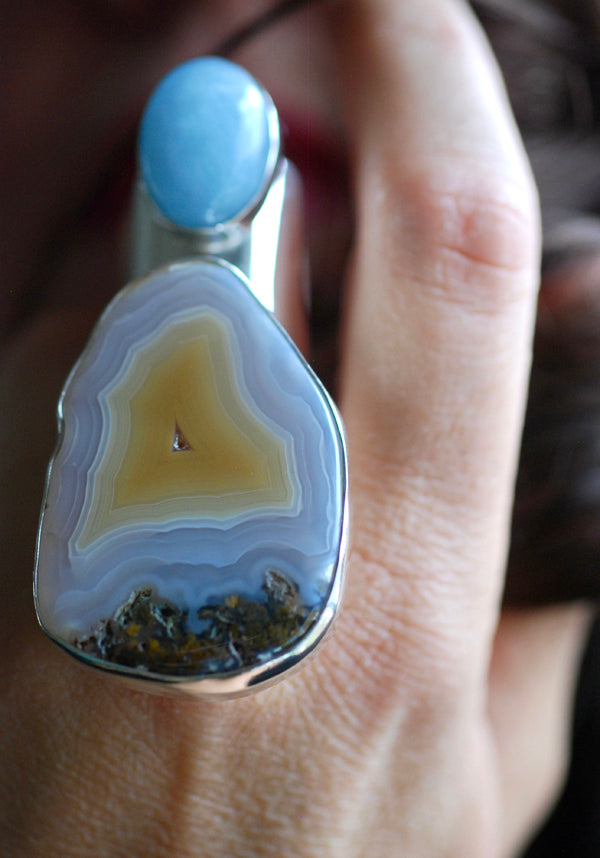 Sunny Beach Ring Collector's Agate And Aquamarine Sz 9