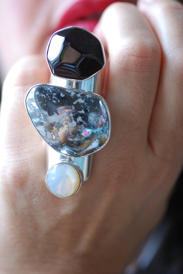 Wild Berry Pearl Ring Japanese Akoya Pearl And Raw Garnet