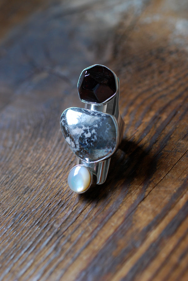 Wild Berry Pearl Ring Japanese Akoya Pearl And Raw Garnet