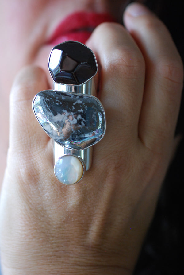 Wild Berry Pearl Ring Japanese Akoya Pearl And Raw Garnet