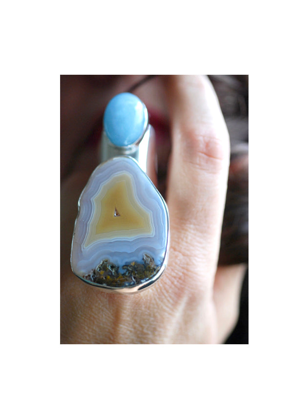Sunny Beach Ring Collector's Agate And Aquamarine Sz 9