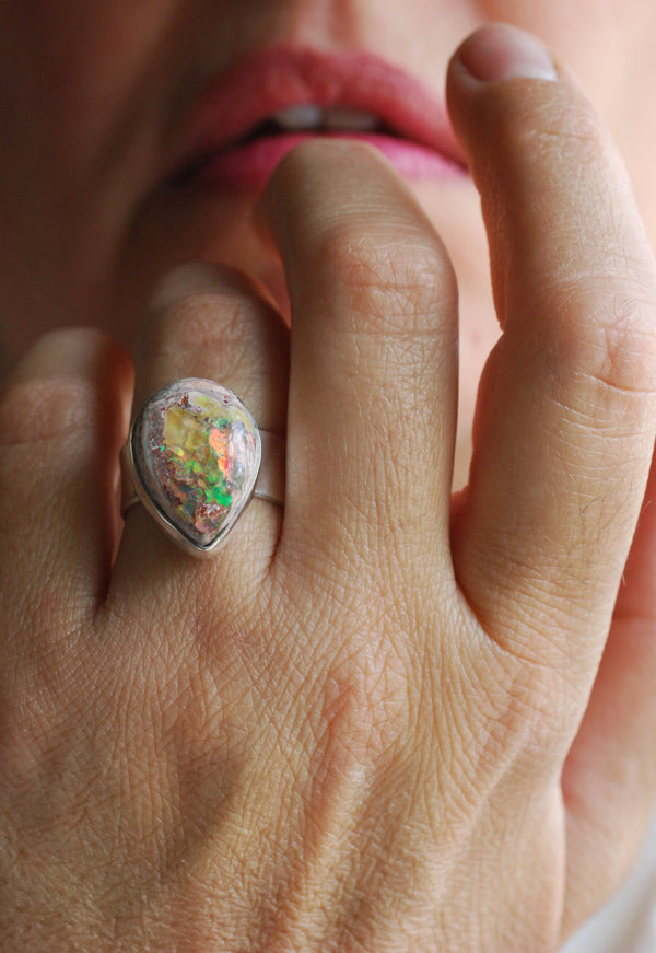 Inner Light Ring Raw Yellow Rainbow Fire Opal