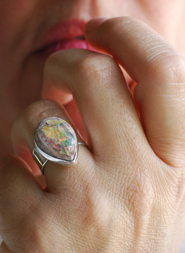 Inner Light Ring Raw Yellow Rainbow Fire Opal