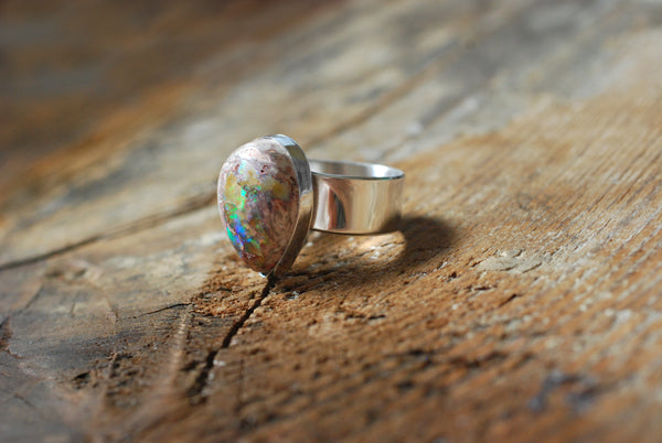 Inner Light Ring Raw Yellow Rainbow Fire Opal