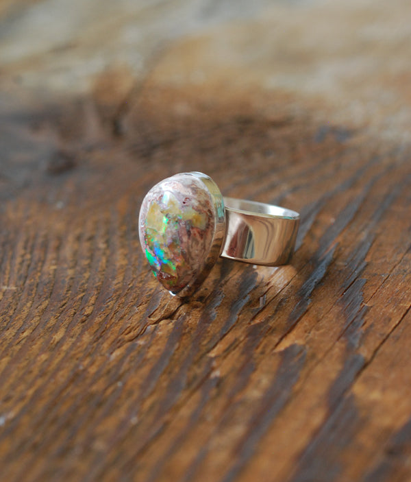 Inner Light Ring Raw Yellow Rainbow Fire Opal