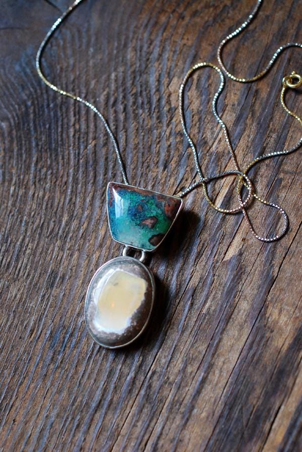 Endless Summer Drop Necklace Arizona Chrysocolla And Yellow Fire Opal