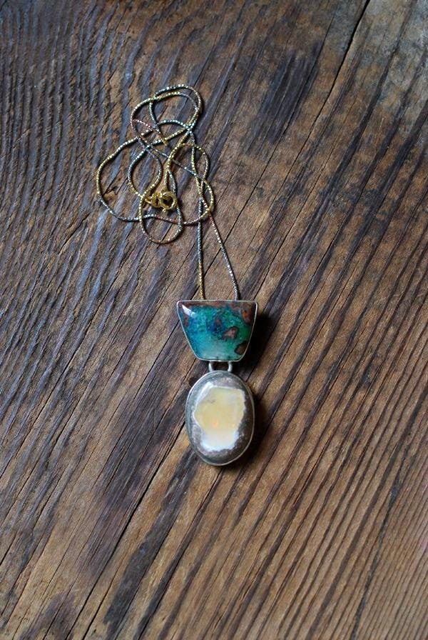 Endless Summer Drop Necklace Arizona Chrysocolla And Yellow Fire Opal