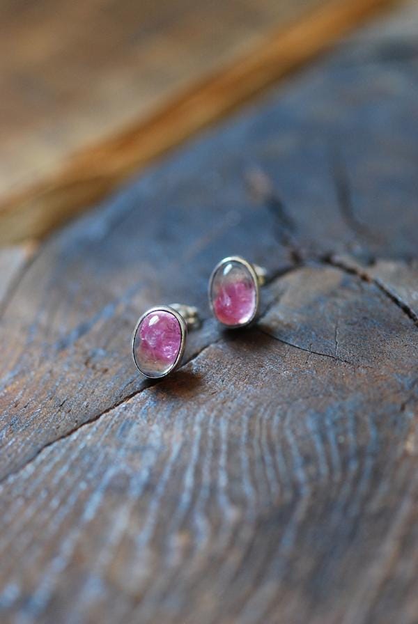 Bi-Color Pink Tourmaline Sterling Gem Studs