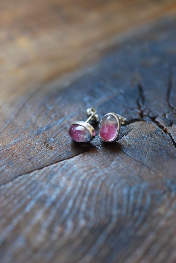 Bi-Color Pink Tourmaline Sterling Gem Studs