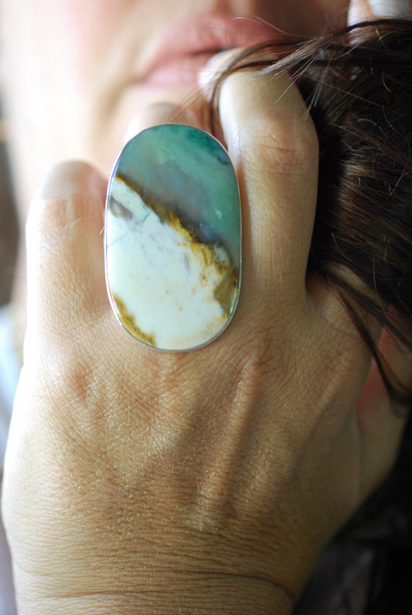 Sea Dune Ring Green Petrified Opal Wood