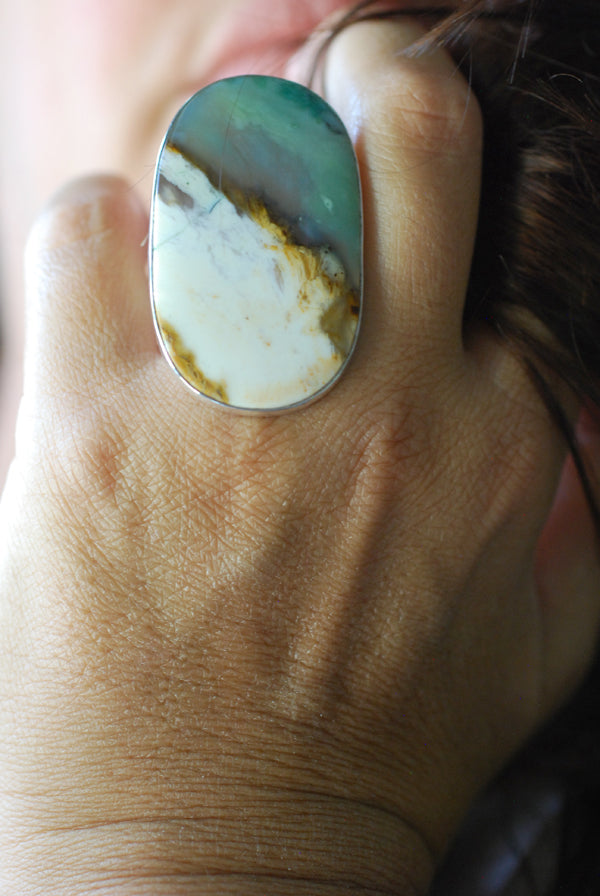 Sea Dune Ring Green Petrified Opal Wood