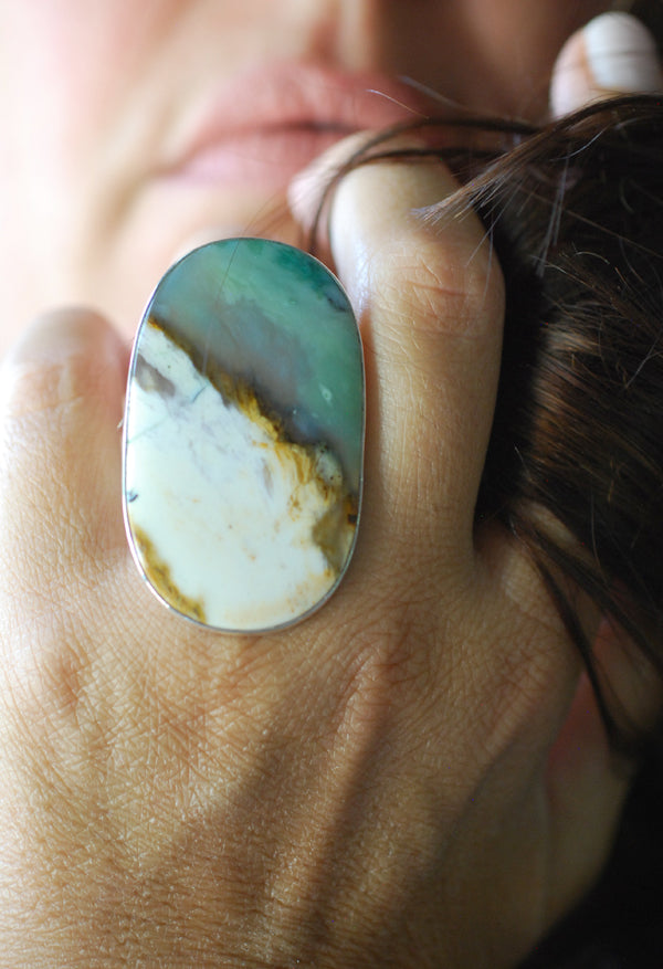 Sea Dune Ring Green Petrified Opal Wood