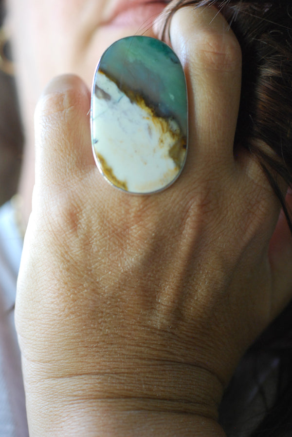 Sea Dune Ring Green Petrified Opal Wood